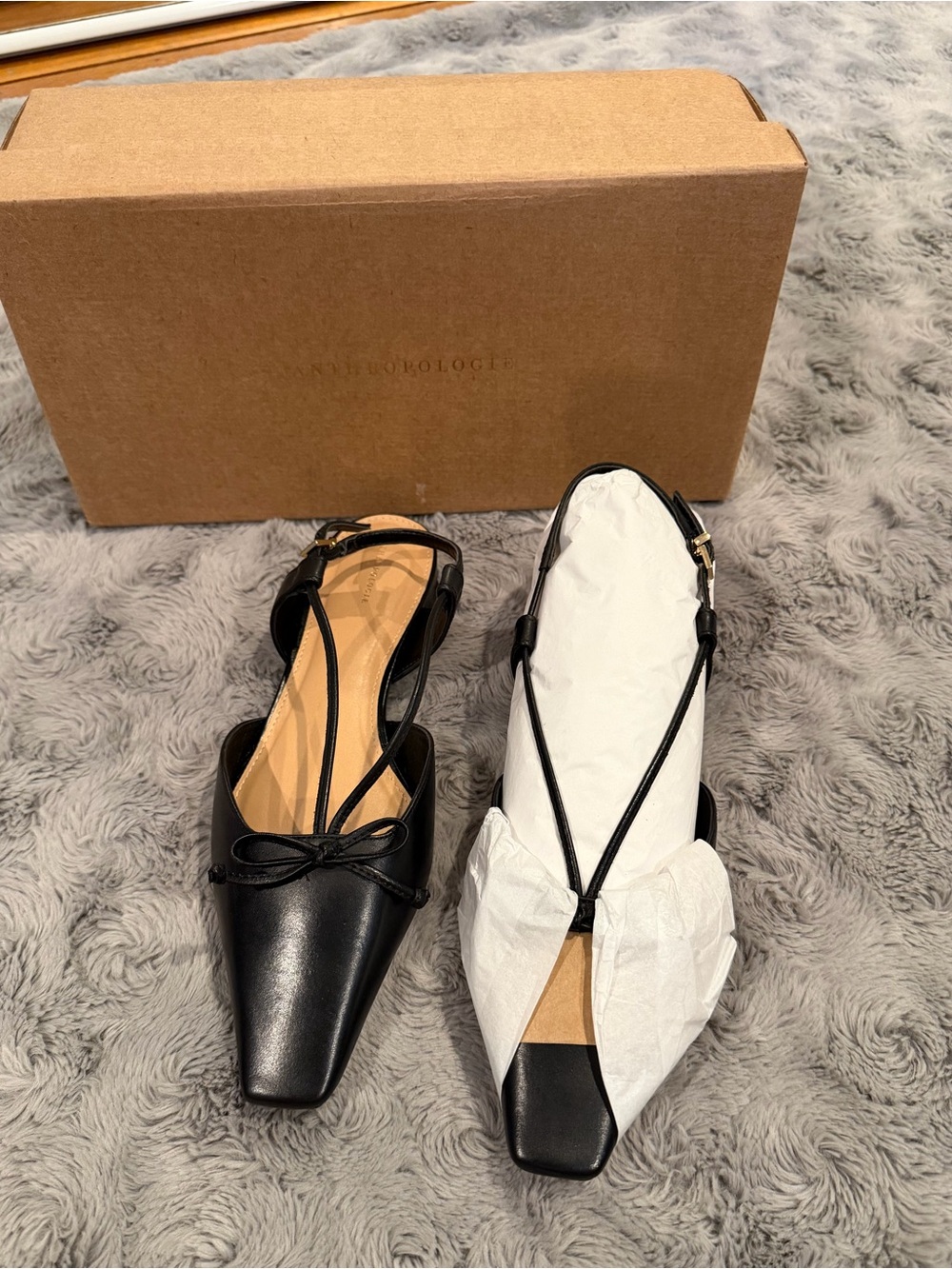 Anthropologie Black Square-Toe Slingback Flats with Bow Detail
